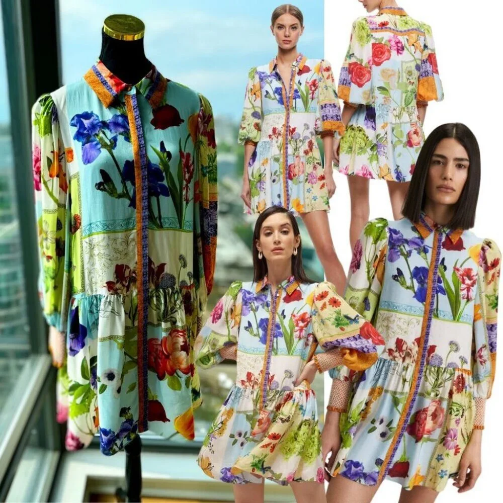 🆕 ALICE + OLIVIA 🧿 NWOT Bertha Floral Blouson Puff Sleeve Shirt Dress - Sz L